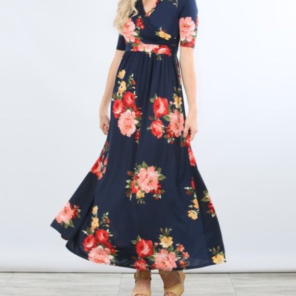 Flamingo Urban Navy Floral Surplice Maxi Dress - Picture 1 of 5